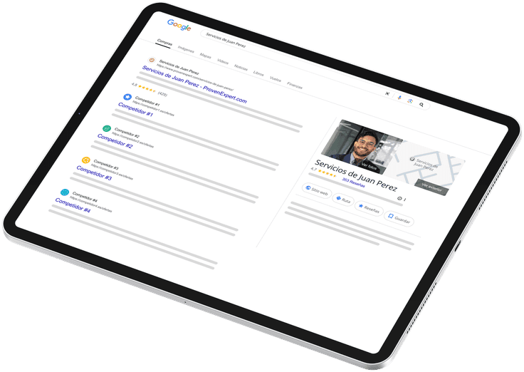 Resultado de búsqueda de Google mostrando una empresa con su valoración de estrellas de ProvenExpert en una tablet