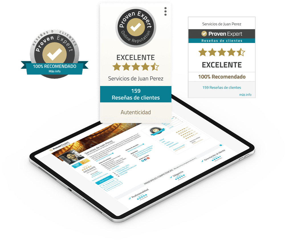 Sellos de excelencia de ProvenExpert sobre una tablet: 100% recomendado, excelente y reseñas de clientes